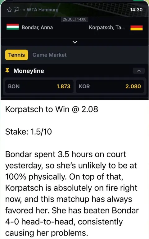 Real tennis pick from the Bet4u Telegram channel