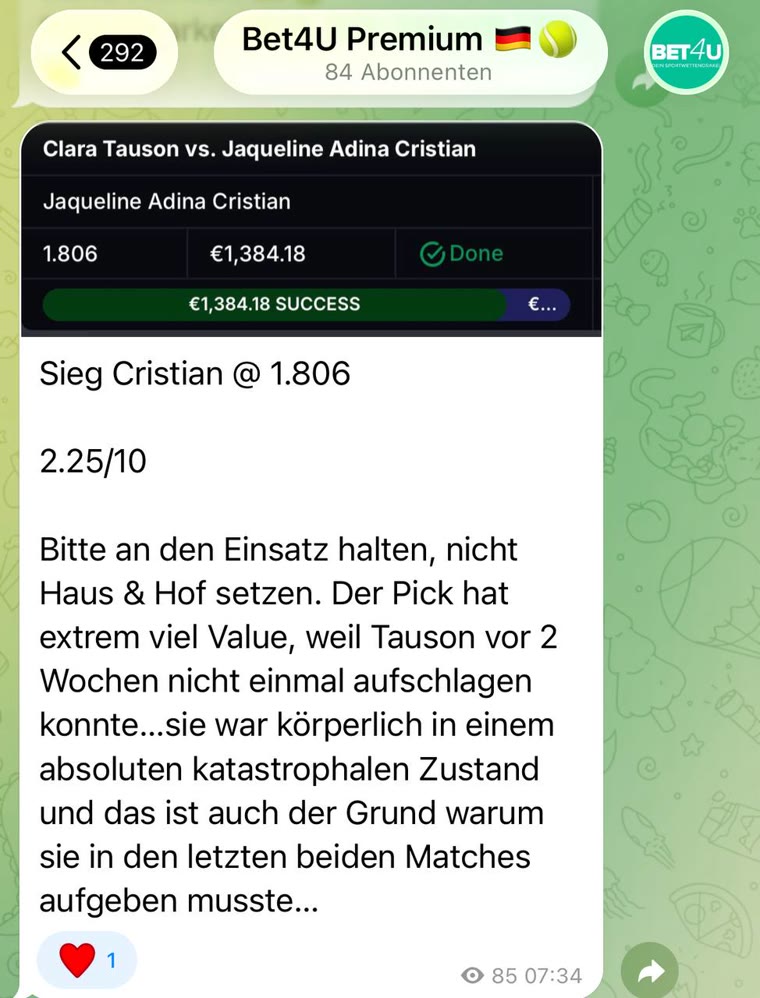 Real tennis pick from the Bet4u Telegram channel