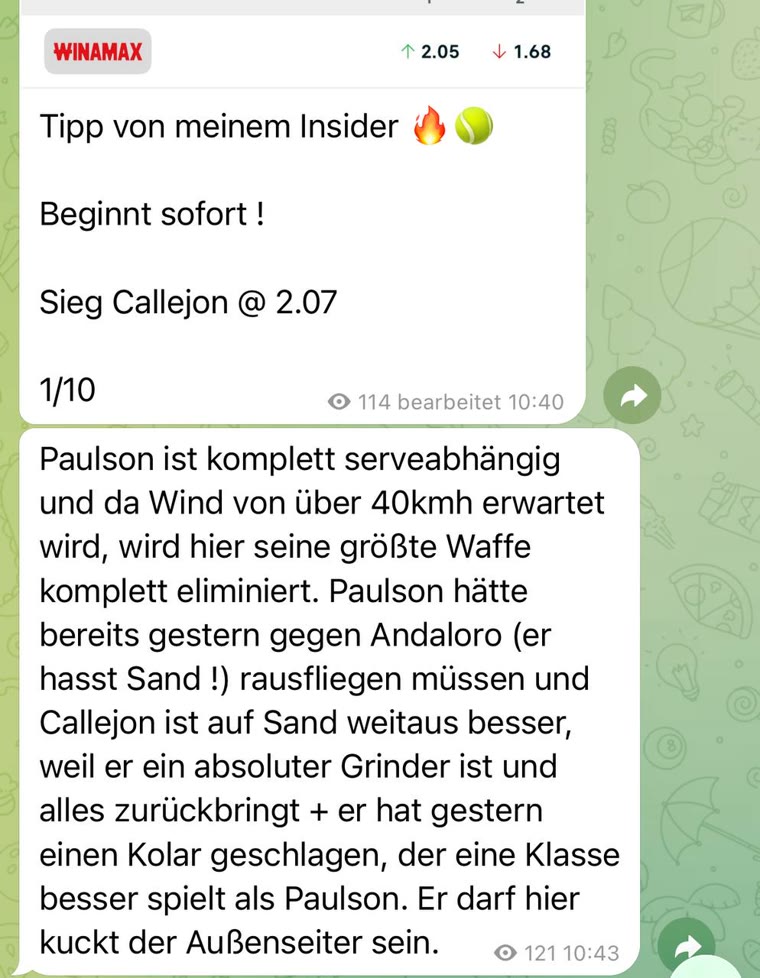 Real tennis pick from the Bet4u Telegram channel