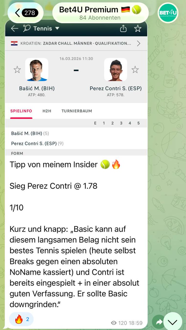 Real tennis pick from the Bet4u Telegram channel