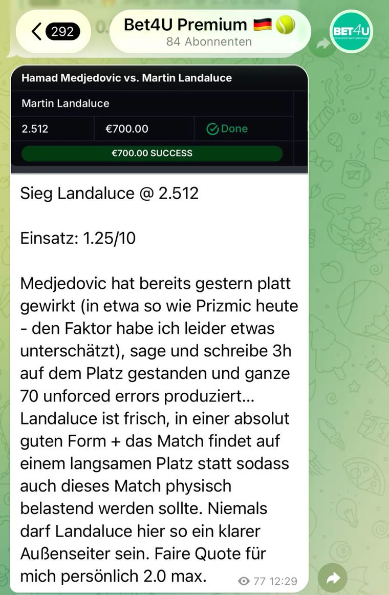 Real tennis pick from the Bet4u Telegram channel
