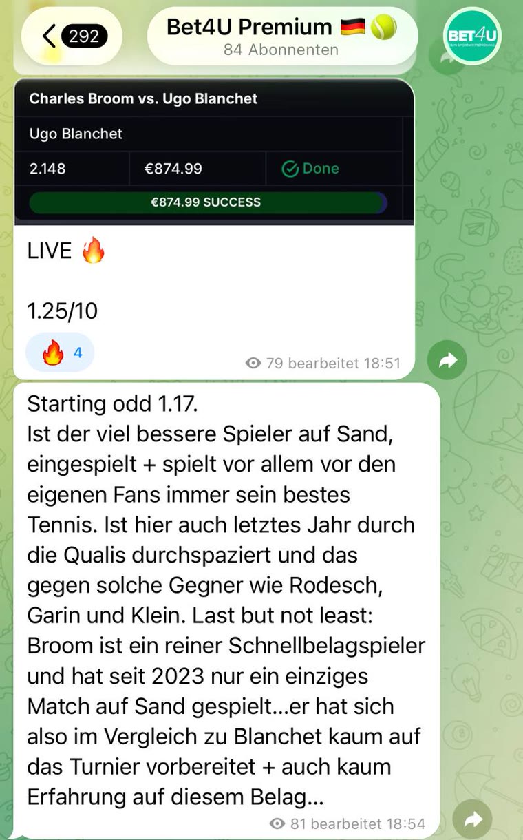 Real tennis pick from the Bet4u Telegram channel