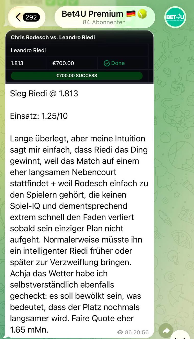 Real tennis pick from the Bet4u Telegram channel